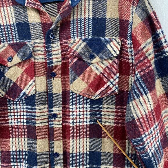 GIMBELS Shirt Mens L Wool Linen Blend Flannel Plaid Shacket Western Red Blue - Picture 10 of 11